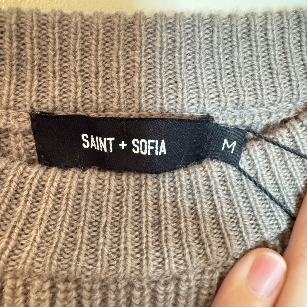 Saint + Sofia Knit Sweater Alpaca Baby Recycled Wool M Faux Leather Greige - Picture 3 of 8